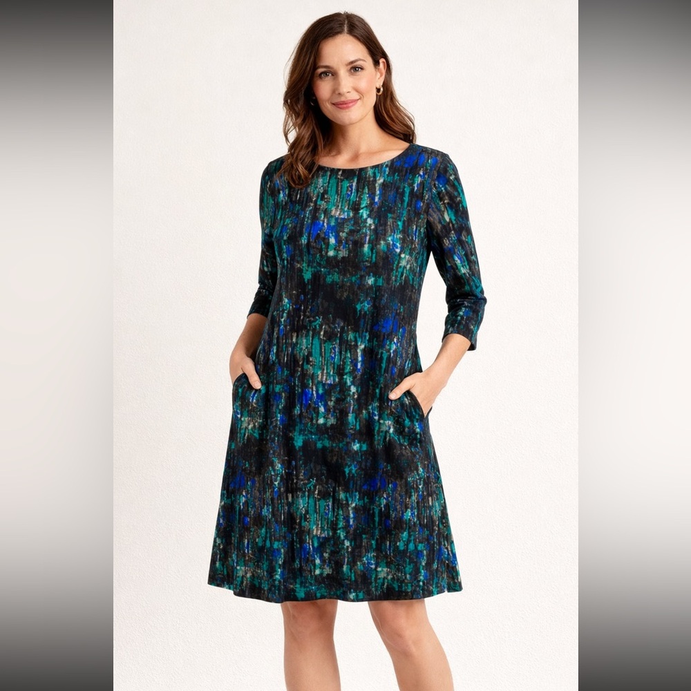 Sympli Size 10 Abstract Print A-Line Dress Blue Green 3/4 Sleeve Pockets Canada